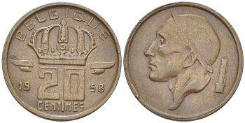 БЕЛЬГИЯ 20 САНТИМОВ 1958 BELGIQUE KM 146 бронза 201-1244