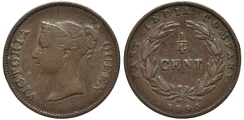 Стрейтс-Сетлментс 1/4 цента 1845 Виктория (1837-1901) KM 1 медь 1524-1343