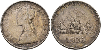 Италия 500 лир 1958? R, корабли Колумба, королева Изабелла KM 98 серебро 4593-434