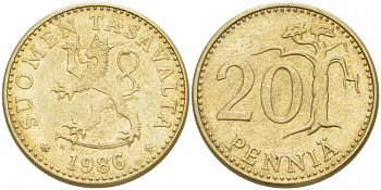 ФИНЛЯНДИЯ 20 ПЕННИ 1986 N KM 47 алюминиевая бронза 3457-837