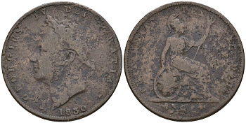 Великобритания 1 фартинг 1830 Георг IV (1820-1830) KM 697, Spink 3825 медь 4146-413