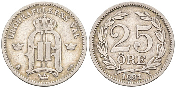 Швеция 25 эре 1881 ЕВ, Оскар II (1872-1907) король Швеции и Норвегии KM 739 серебро 188-1223