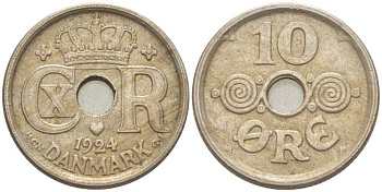ДАНИЯ 10 ЭРЕ 1924 HCN ; GJ, КРИСТИАН X (1912-1947) KM 822.1 медно-никель 211-665