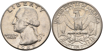 США 25 центов = квотер 1982 D, Вашингтон KM A164a медь плакированная медно-никелем 4584-1137