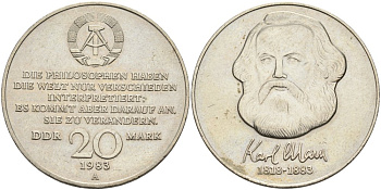ГДР 20 марок 1983 А, 100 лет со дня смерти Карла Маркса (1818-1883) J. 1592, KM 95 медь никель цинк UNC медь никель цинк UNC 91-314