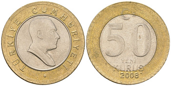 Турция 50 новых курушей 2008 KM 1168 биметалл 4610-1126