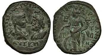 Римская Империя, Провинция Нижняя Мезия, Маркианополь пентассарий 238 - 244 Гордиан III, бюсты Гордиана III и Сераписа / Немезида, 10,30 гр Varbanov 2005 медь 1073-7-15