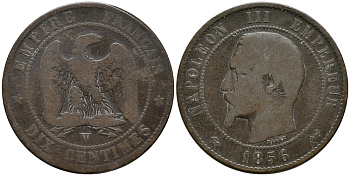 ФРАНЦИЯ 10 САНТИМОВ 1856 W, НАПОЛЕОН III (1852-1870) KM 771.7, LA FRANC 133.38 бронза 32-916