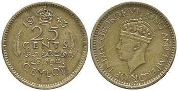 ЦЕЙЛОН 25 ЦЕНТОВ 1943 ГЕОРГ VI KM 115 никель латунь 100-827