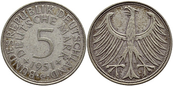 ФРГ 5 марок 1951 G, KM 112.1, J.387 серебро 83-2016