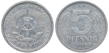 ГДР 5 ПФЕННИГОВ 1983 A КМ 9.2 алюминий 62-445