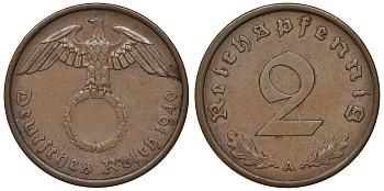 Германия 2 рейхспфеннига 1940 A KM 38, J. 362 алюминиевая бронза 4121-642