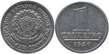 Бразилия 1 крузейро 1959 KM 570 алюминий 4577-837