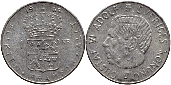 Швеция 1 крона 1969 Густав VI Адольф (1950-1973) KM 826a медь плакированная медно-никелем 4388-621