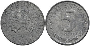 Австрия 5 грошей 1968 KM 2875 цинк 4594-319