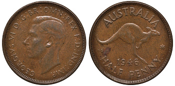 Австралия 1/2 пенни 1946 Георг VI (1937-1952), Кенгуру KM 41 бронза 60-831