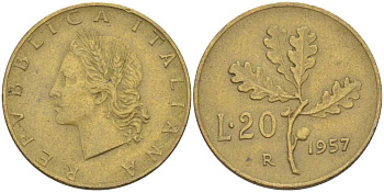 ИТАЛИЯ 20 ЛИР 1957 R, ДУБОВЫЙ ЛИСТ KM 97.1 алюминиевая бронза 113-1241