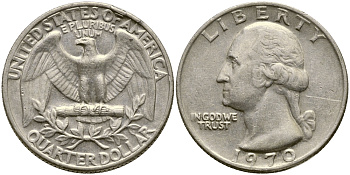 США 25 центов (квотер) 1970 Вашингтон KM 164а медь плакированная медно-никелем 4388-335