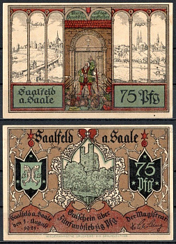 Заальфельд (Заале) (Тюрингия) 75 пфеннигов 1921 Mehl Grabowski 1155.5-5/5 бумага UNC (пресс) 7553-20-3-1