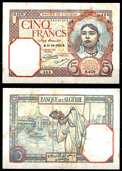 Алжир 5 франков 1933 Pick 77 a (1) бумага 2119-40-2-1