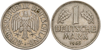 ФРГ 1 марка 1966 J KM 110, J. 385 медно-никель 4159-1056