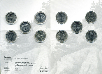 США набор из 5 монет 2000 история США в квотерах, в буклете, монеты в капсулах. Мэриленд, Массачусетс, Вирджиния, Южная Каролина, Нью-Гэмпшир    UNC  1181-2-08