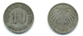 Германия 10 пфеннигов 1900 A KM 12, J. 13 медно-никель 4379-829