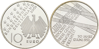 ФРГ 10 евро 2003 А, 50-я годовщина народного восстания 1953 года в ГДР KM 226, DE.S. 10.9 серебро PROOF 1076-3-35