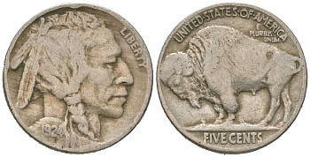 США 5 центов 1924 индеец, бизон KM 134 медно-никель 4614-1058