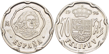 ИСПАНИЯ 50 ПЕСЕТ 1996 ПОРТРЕТ КОРОЛЯ ФИЛИППА V, ХУАН КАРЛОС I ( 1975-) KM 963 медно-никель 216-747
