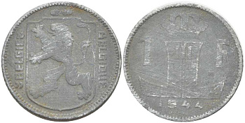 БЕЛЬГИЯ 1 ФРАНК 1944 BELGIE-BELGIQUE, ЛЕОПОЛЬД II (1934-1950), ГЕРМАНСКАЯ ОККУПАЦИЯ, ВТОРАЯ МИРОВАЯ ВОЙНА KM 128 цинк 202-937