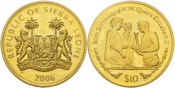 Сьерра-Леоне 10 долларов 2006 королева Елизавета II вручает приз Жюля Риме Бобби Муру (Чемпионат мира 1966) латунь 4125-733