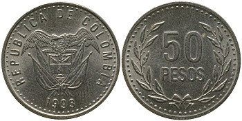 Колумбия 50 песо 1993 KM 283.1 никель латунь 4538-1015