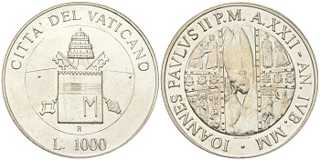 Ватикан 1000 лир 2000 22-й год правления Иоанна Павла II, Иоанн Павел II (1978-2005), тираж 26.000 экземпляров KM 330 серебро UNC 1530-444