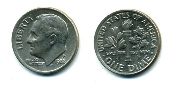 США 10 ЦЕНТОВ = 1 ДАЙМ 1988 P, РУЗВЕЛЬТ KM 195а медь плакированная медно-никелем 46-2468