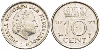 НИДЕРЛАНДЫ 10 ЦЕНТОВ 1973 ЮЛИАНА KM 182 никель 4547-845