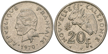 Французская Новая Каледония 20 франков 1970 три быка, (IEOM) KM 6, Schoen 8, Lec 105 никель 4120-223