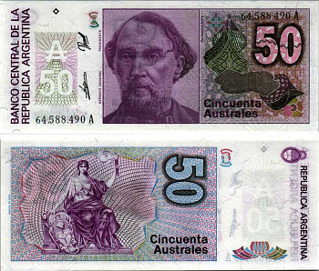 АРГЕНТИНА 50 АУСТРАЛЕЙ 1989 СЕРИЯ A 64588, БАРТОЛОМЕ МИТРЕ, АРГЕНТИНСКИЙ ПОЛИТИК, ПОЛКОВОДЕЦ Pick 326b, Bottero 2834 бумага UNC (ПРЕСС) 6352-25-4-1