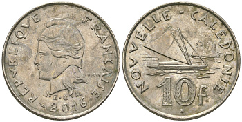 Французская Новая Каледония 10 франков 2016 рыбачья парусная лодка, (IEOM) KM 11a, Schoen 13a, Lec 99k медно-никель 68-257