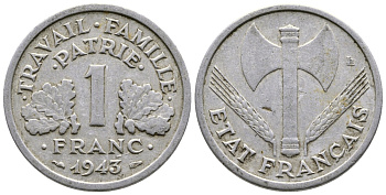 ФРАНЦИЯ 1 ФРАНК 1943 LB, ТИП LEGERE, ПРАВИТЕЛЬСТВО ВИШИ KM 902.1, LE FRANC 223.3 алюминий 80-456