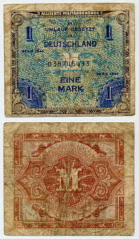 Германия, оккупация союзниками 1 марка 1944 9 цифр, без кода, выпуск СССР Pick 192 b бумага 6283-37-2
