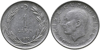 Турция 1 лира 1970 Мустафа Кемаль Ататюрк KM 889а.2 нержавеющая сталь 4384-312