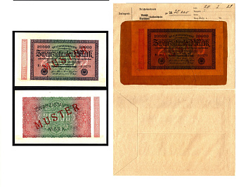 Германия 20000 марок 1923 20 февраля, MUSTER, образец, Specimen. В оригинальном банковском конверте. Из коллекции Отто Сейфферта (помощник Ялмара Шахта - министра экономики Германии и президента Рейхсбанка времен третьего рейха) Pick 85 s, Grabowski DEU 9