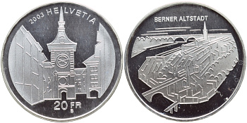 Швейцария 20 франков 2003 В, Берн, старый город, в запайке KM 106 серебро PROOF 1524-1014
