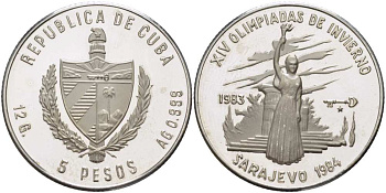 Куба 5 песо 1983 XIV зимние Олимпийские игры в Сараево 1984 года, тираж 5000 экземпляров KM 112 серебро PROOF 1074-10-23