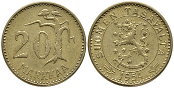 ФИНЛЯНДИЯ 20 МАРОК 1954 KM 39 алюминиевая бронза 34-1055