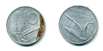 ИТАЛИЯ 10 ЛИР 1966 R ПЛУГ KM 93 алюминий 23-1147