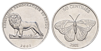 ДР Конго 50 сантимов 2002 Животные - Бабочка KM 80 алюминий UNC 4678-131