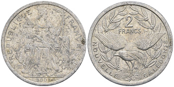 Французская Новая Каледония 2 франка 2003 птица кагу, (IEOM) KM 14, Schoen 11, Lec 68h алюминий    28-852