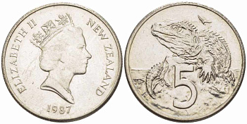 Новая Зеландия 5 ЦЕНТОВ 1987 ТУАТАРА, ТРЕХГЛАЗАЯ ЯЩЕРИЦА ОТРЯДА КЛЮВОГОЛОВЫХ, ЕЛИЗАВЕТА II KM 60 медно-никель 105-547